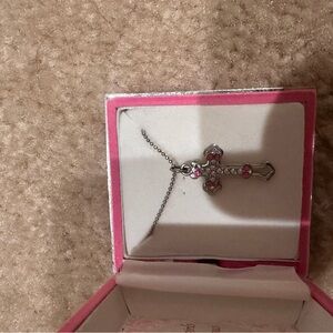 Elegant Silver and Pink Cross Pendant Necklace